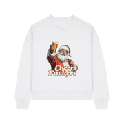 white christmas sweater with a graphic of santa raising a pint and the slogan 'cheers fuckers'