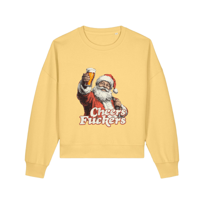 yellow christmas sweater with a graphic of santa raising a pint and the slogan 'cheers fuckers'