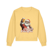 yellow christmas sweater with a graphic of santa raising a pint and the slogan 'cheers fuckers'