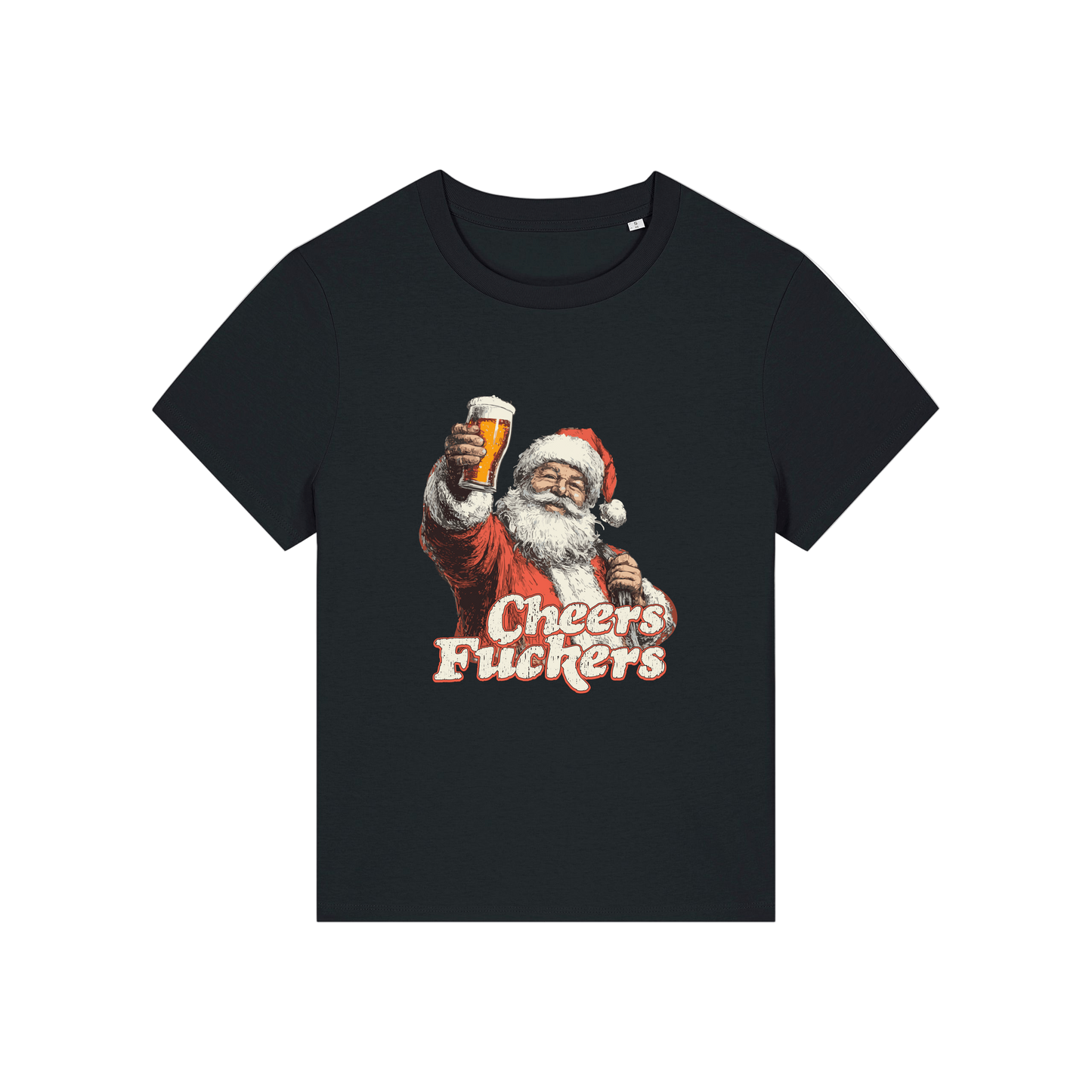 Black christmas t-shirt with a graphic of Santa Claus holding a beer and text 'Cheers Fuckers' 