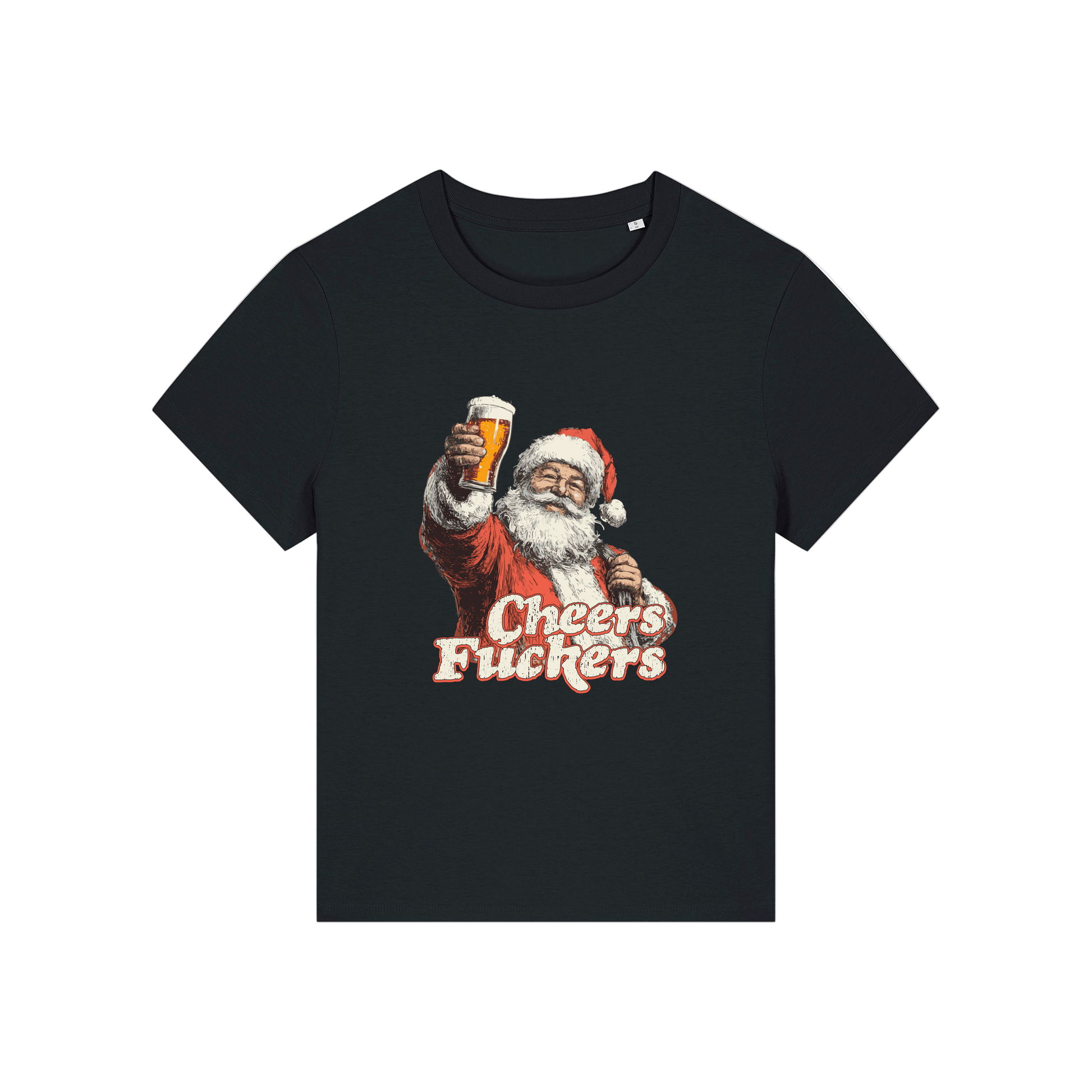 Black christmas t-shirt with a graphic of Santa Claus holding a beer and text 'Cheers Fuckers' 