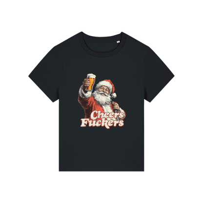 Black christmas t-shirt with a graphic of Santa Claus holding a beer and text 'Cheers Fuckers' 