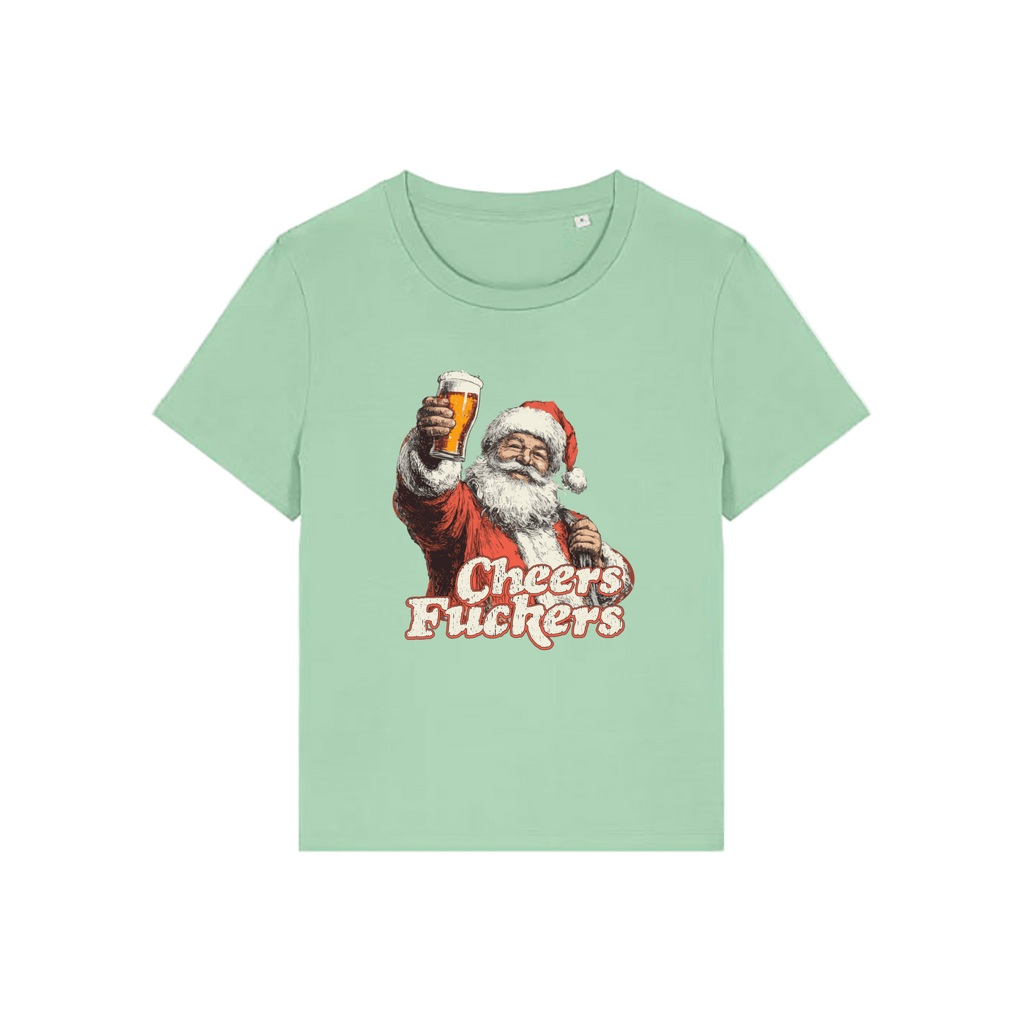 green christmas t-shirt with a graphic of Santa Claus holding a beer and text 'Cheers Fuckers' 