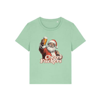 green christmas t-shirt with a graphic of Santa Claus holding a beer and text 'Cheers Fuckers' 