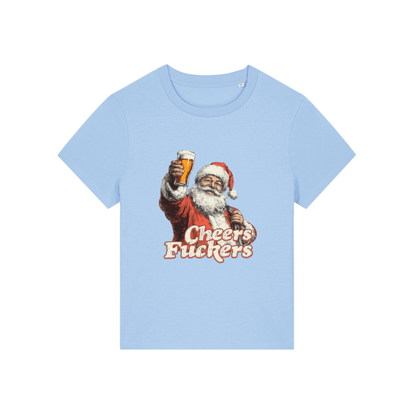 light blue christmas t-shirt with a graphic of Santa Claus holding a beer and text 'Cheers Fuckers' 
