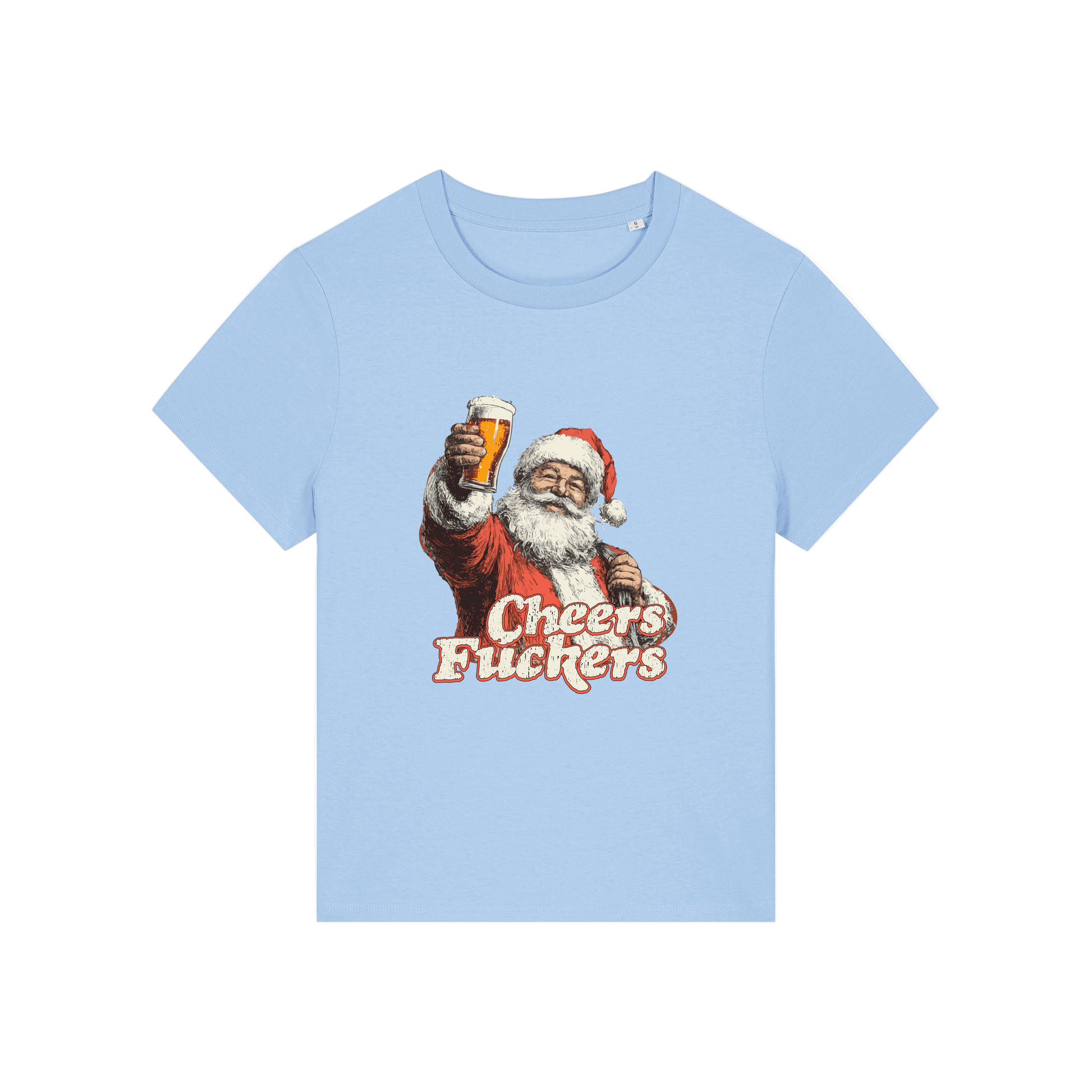 light blue christmas t-shirt with a graphic of Santa Claus holding a beer and text 'Cheers Fuckers' 