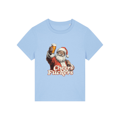 light blue christmas t-shirt with a graphic of Santa Claus holding a beer and text 'Cheers Fuckers' 