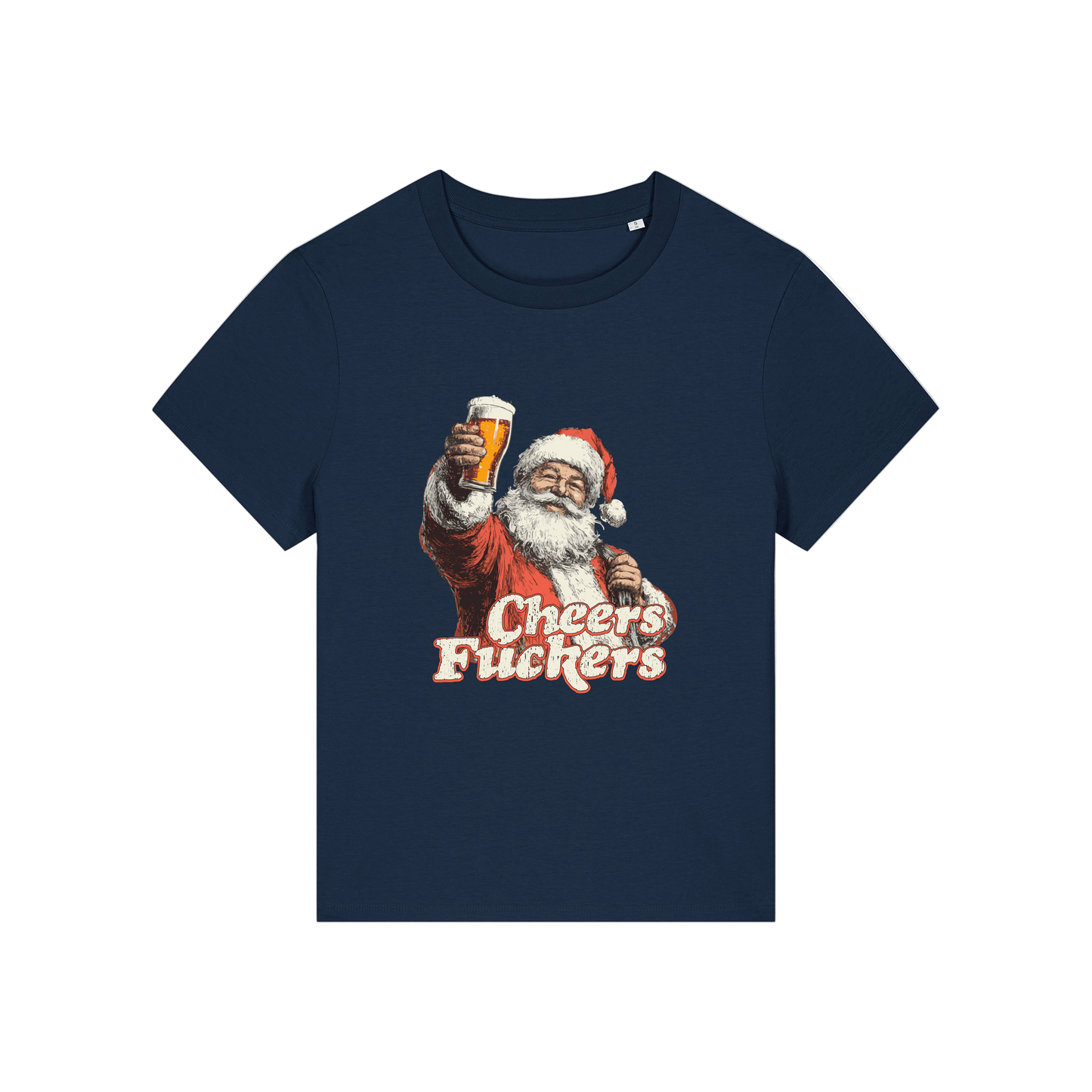 navy christmas t-shirt with a graphic of Santa Claus holding a beer and text 'Cheers Fuckers' 