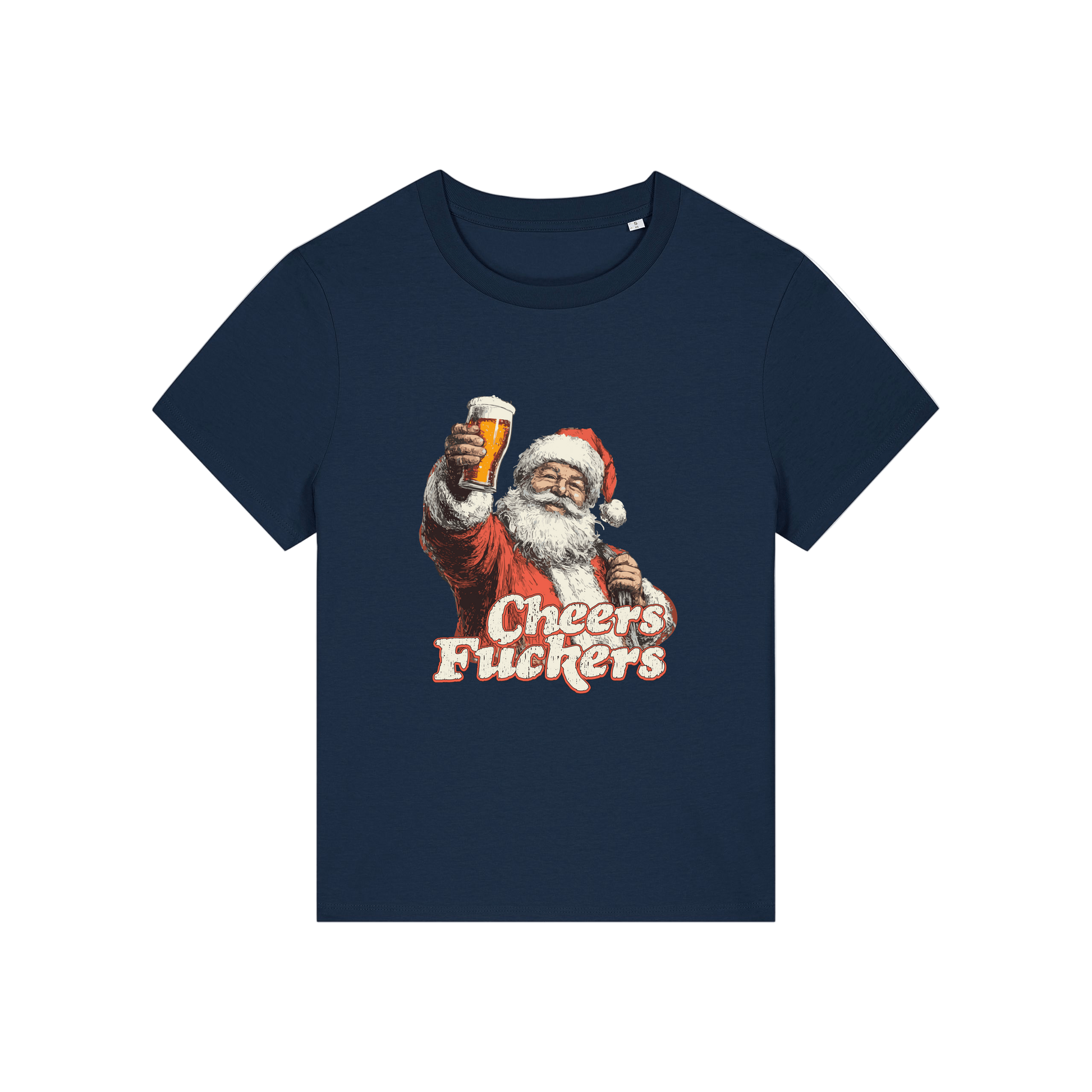 navy christmas t-shirt with a graphic of Santa Claus holding a beer and text 'Cheers Fuckers' 