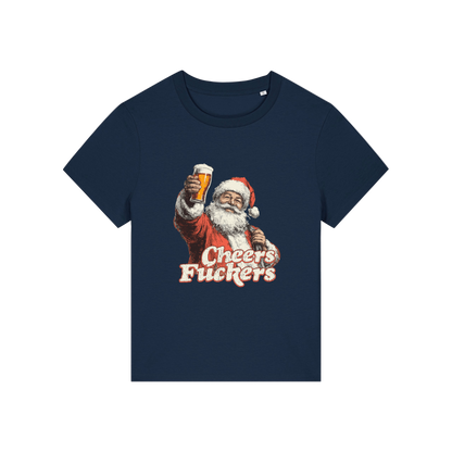 navy christmas t-shirt with a graphic of Santa Claus holding a beer and text 'Cheers Fuckers' 