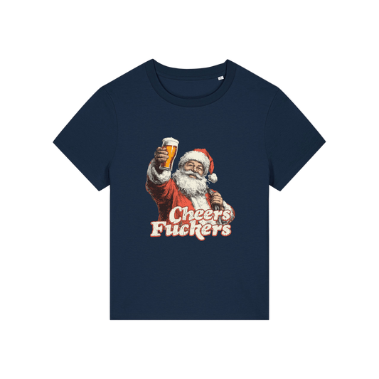 navy christmas t-shirt with a graphic of Santa Claus holding a beer and text 'Cheers Fuckers' 