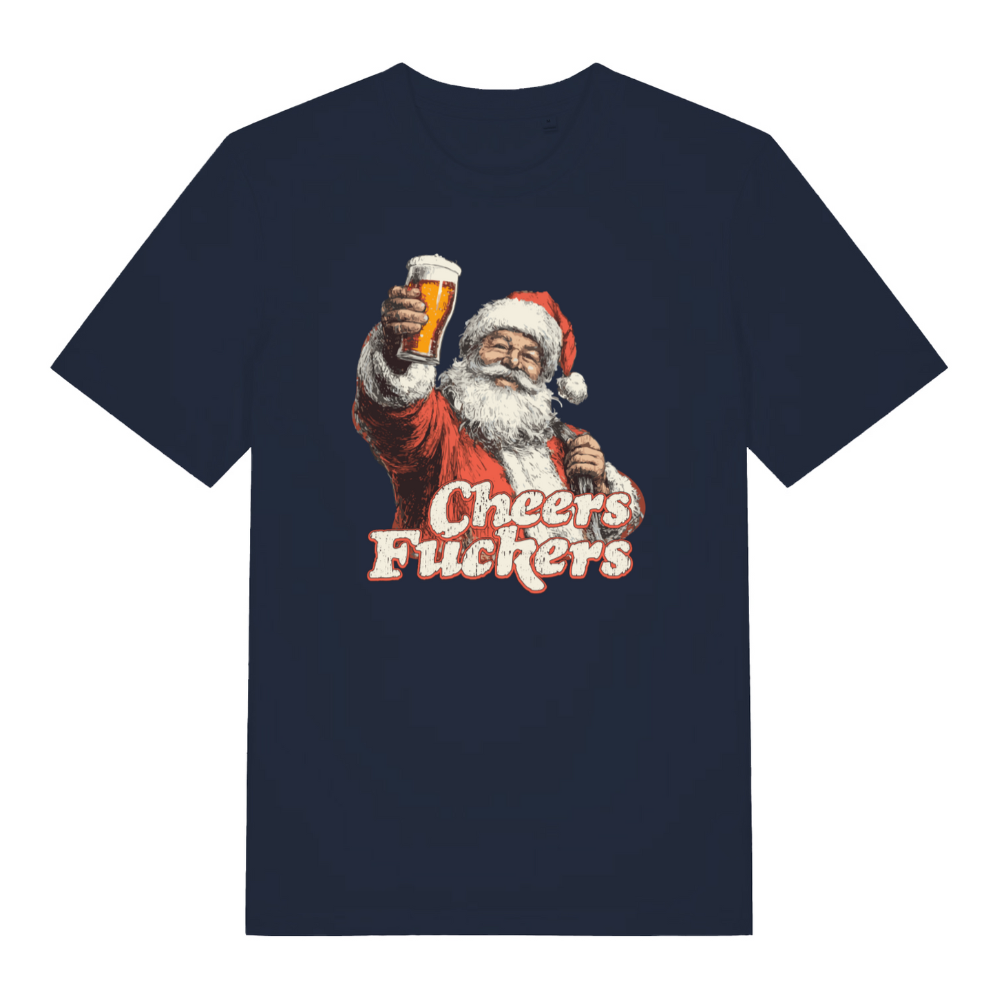 navy women's christmas graphic t-shirt with a santa claus design and the slogan 'cheers fuckers'