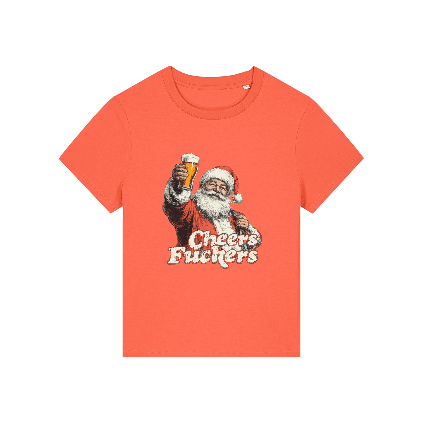 orange christmas t-shirt with a graphic of Santa Claus holding a beer and text 'Cheers Fuckers' 