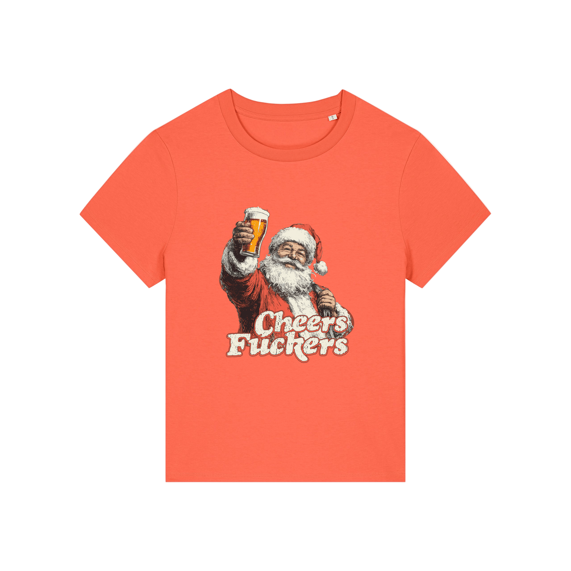 orange christmas t-shirt with a graphic of Santa Claus holding a beer and text 'Cheers Fuckers' 