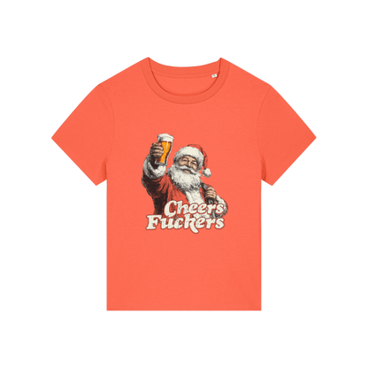 orange christmas t-shirt with a graphic of Santa Claus holding a beer and text 'Cheers Fuckers' 