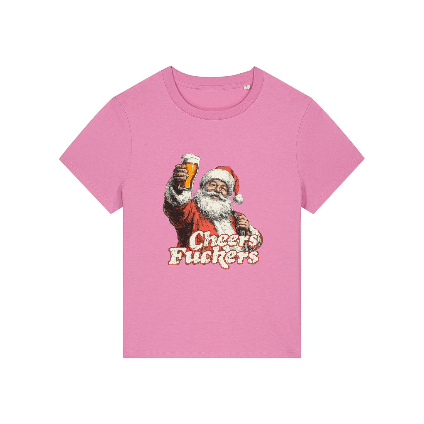 pink christmas t-shirt with a graphic of Santa Claus holding a beer and text 'Cheers Fuckers' 