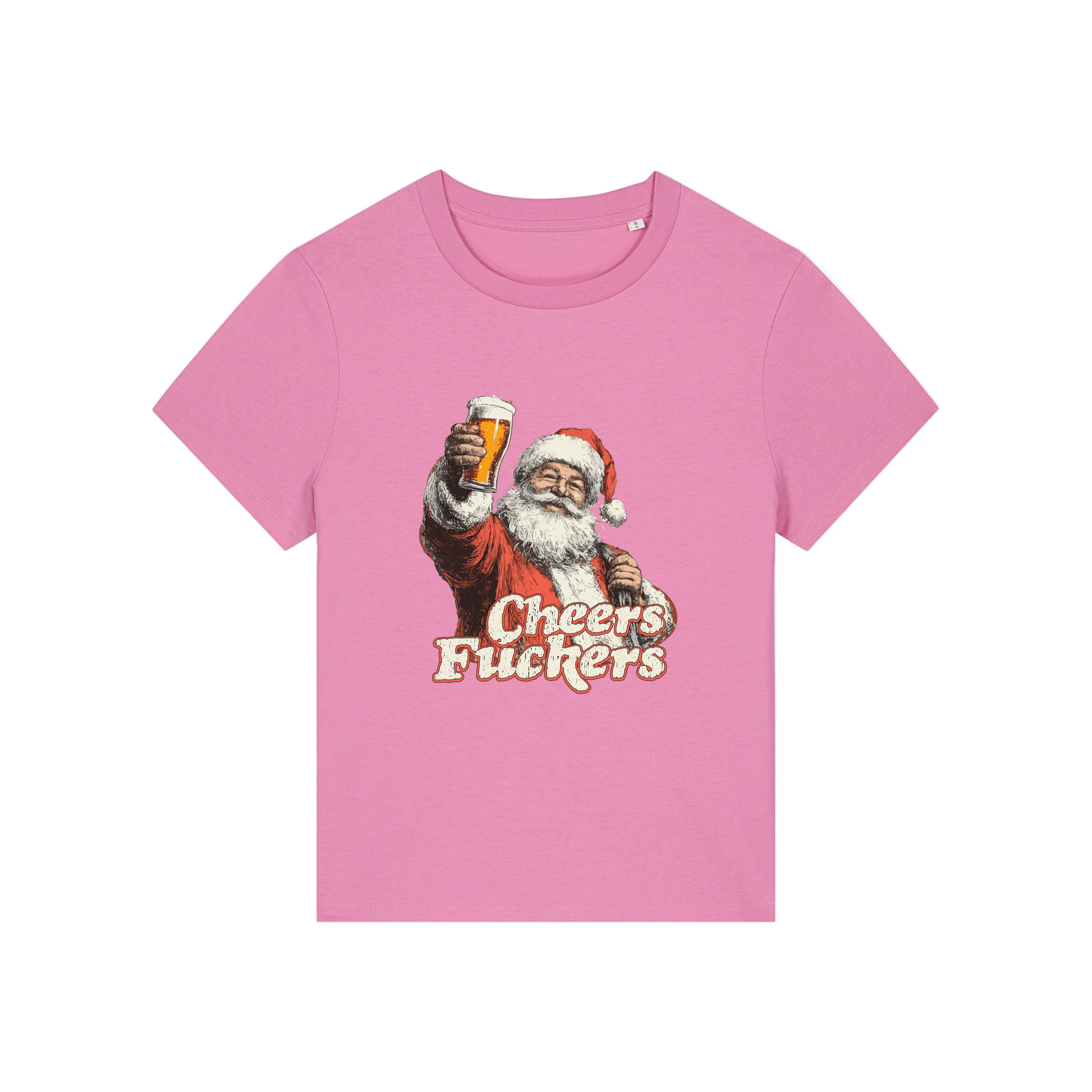 pink christmas t-shirt with a graphic of Santa Claus holding a beer and text 'Cheers Fuckers' 