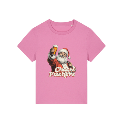 pink christmas t-shirt with a graphic of Santa Claus holding a beer and text 'Cheers Fuckers' 