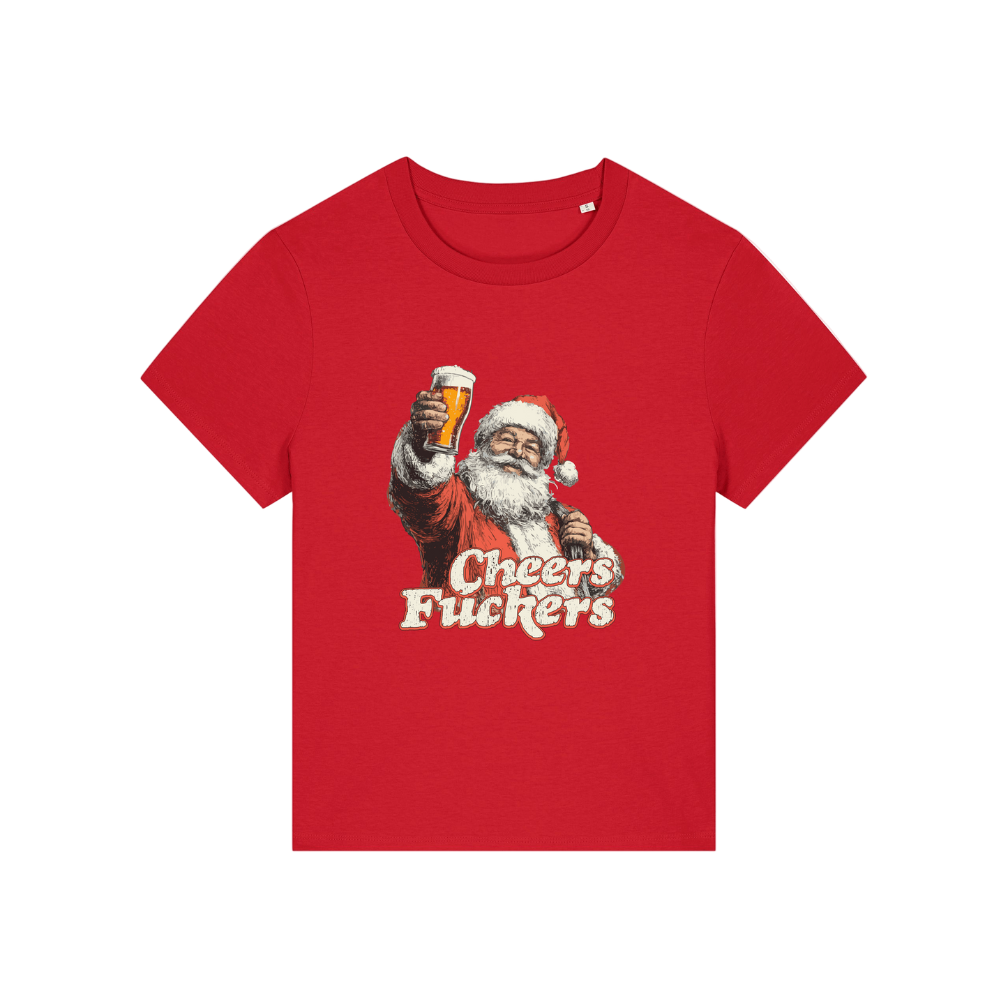 red christmas t-shirt with a graphic of Santa Claus holding a beer and text 'Cheers Fuckers' 