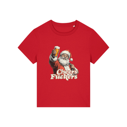 red christmas t-shirt with a graphic of Santa Claus holding a beer and text 'Cheers Fuckers' 