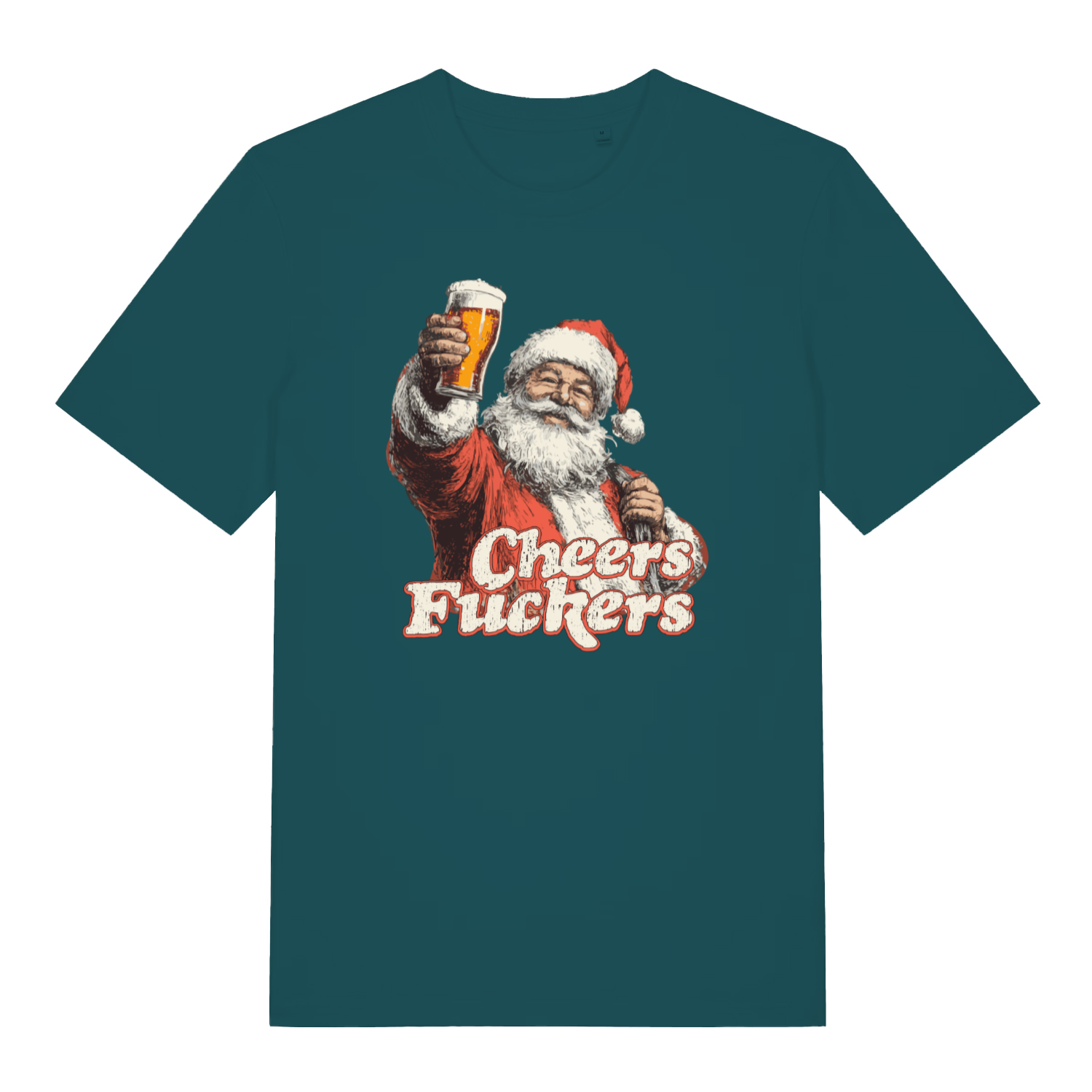 teal women's christmas graphic t-shirt with a santa claus design and the slogan 'cheers fuckers'