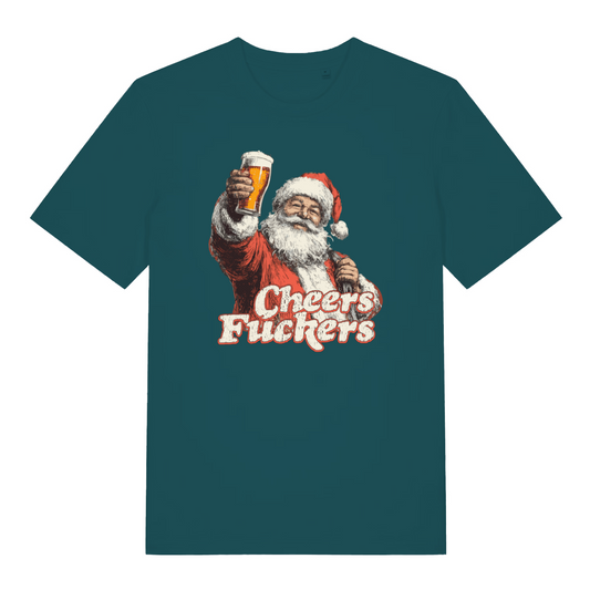 teal women's christmas graphic t-shirt with a santa claus design and the slogan 'cheers fuckers'