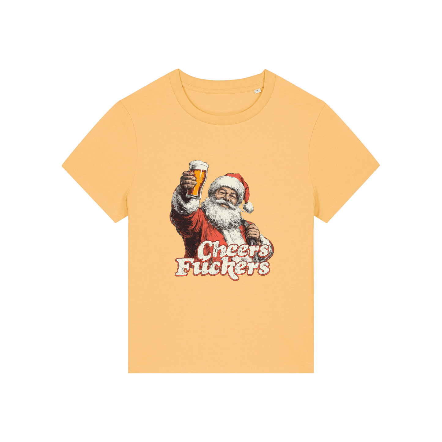yellow christmas t-shirt with a graphic of Santa Claus holding a beer and text 'Cheers Fuckers' 
