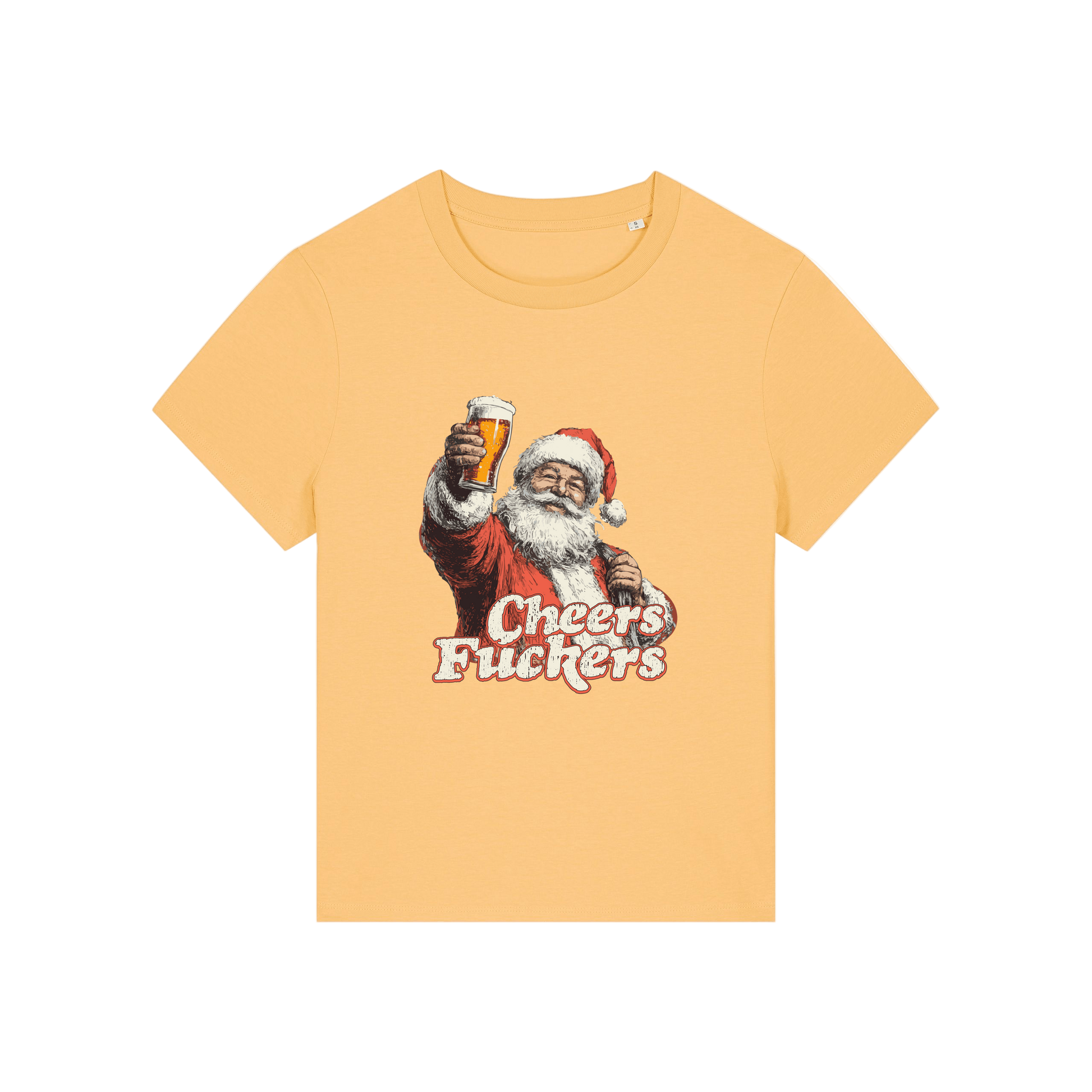 yellow christmas t-shirt with a graphic of Santa Claus holding a beer and text 'Cheers Fuckers' 