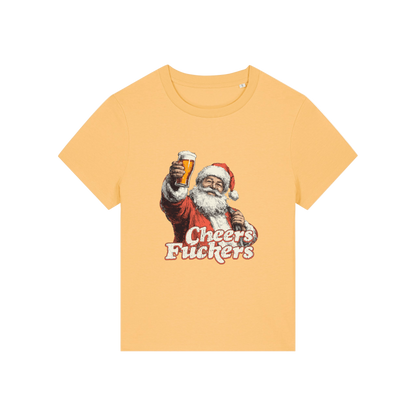 yellow christmas t-shirt with a graphic of Santa Claus holding a beer and text 'Cheers Fuckers' 
