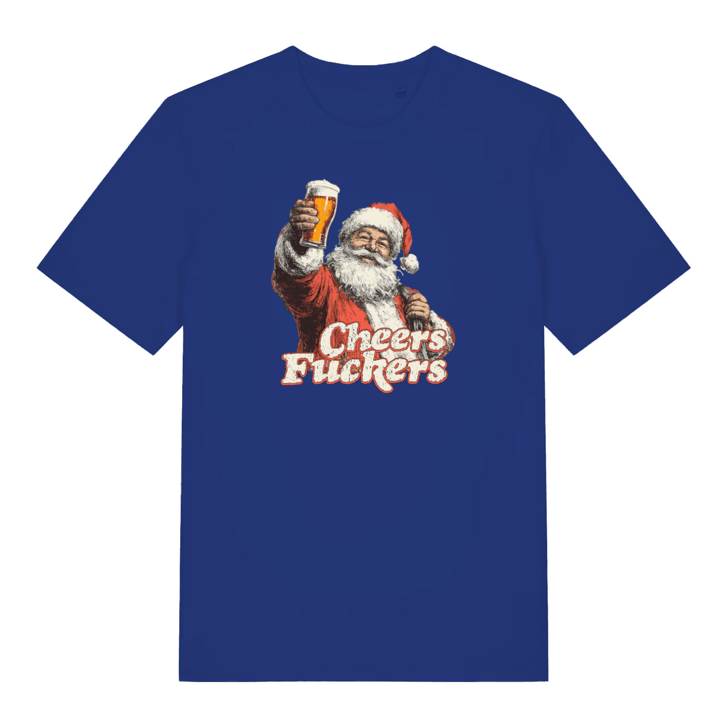 blue christmas t-shirt with the graphic of santa with a pint of beer and the slogan 'cheers fuckers'