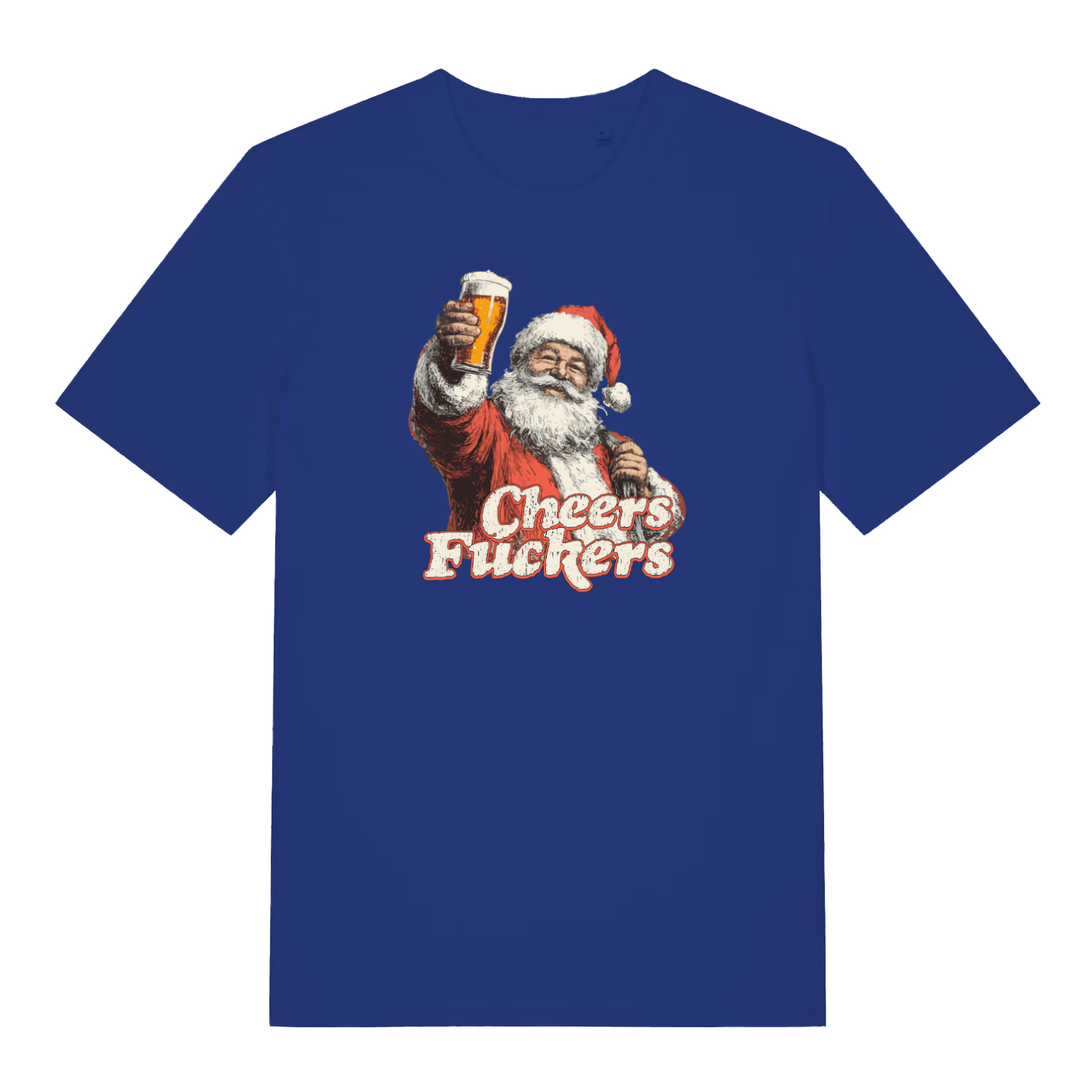 blue christmas t-shirt with the graphic of santa with a pint of beer and the slogan 'cheers fuckers'