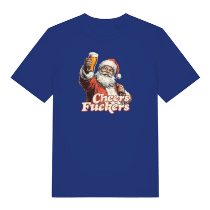 blue christmas t-shirt with the graphic of santa with a pint of beer and the slogan 'cheers fuckers'