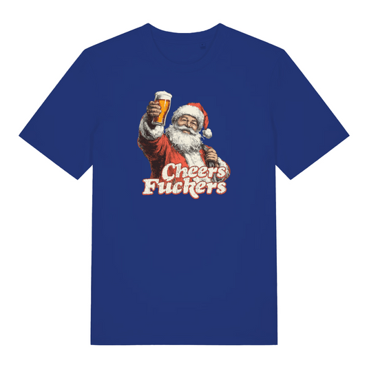blue christmas t-shirt with the graphic of santa with a pint of beer and the slogan 'cheers fuckers'