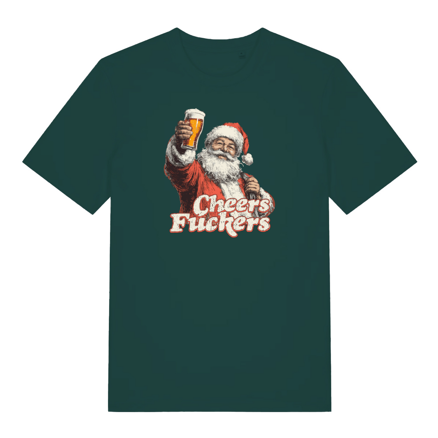 green christmas t-shirt with the graphic of santa with a pint of beer and the slogan 'cheers fuckers'