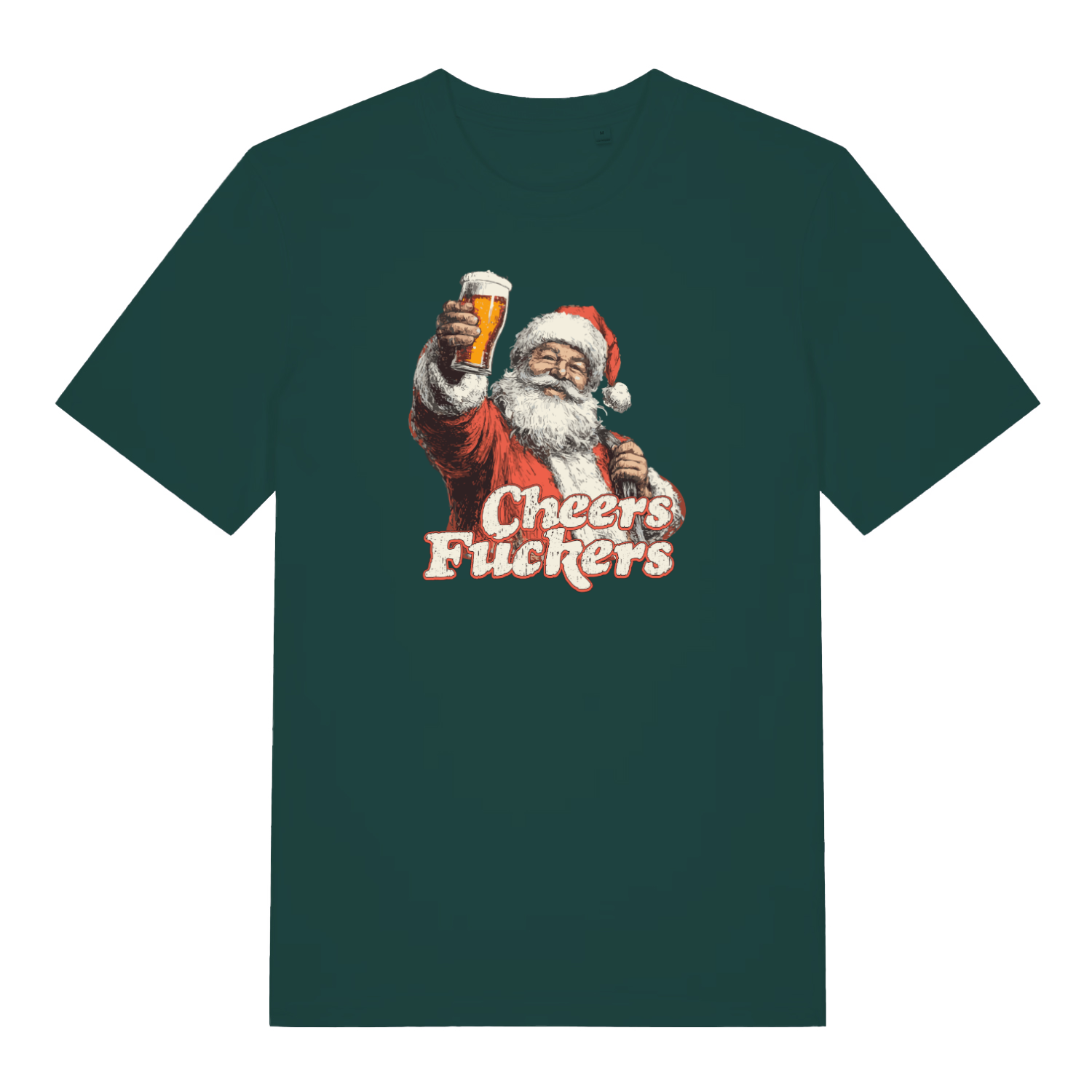 green christmas t-shirt with the graphic of santa with a pint of beer and the slogan 'cheers fuckers'