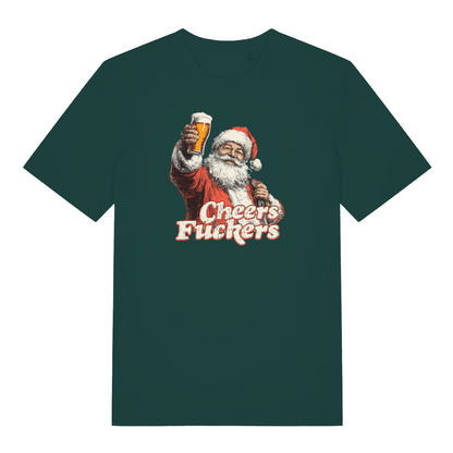 green christmas t-shirt with the graphic of santa with a pint of beer and the slogan 'cheers fuckers'