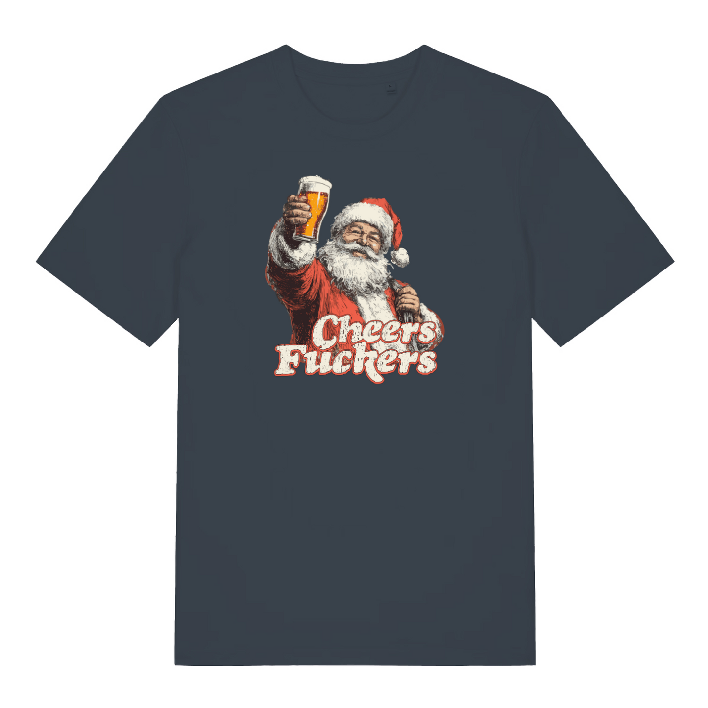 black christmas t-shirt with the graphic of santa with a pint of beer and the slogan 'cheers fuckers'