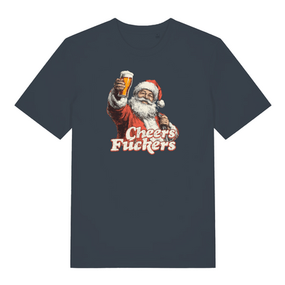 black christmas t-shirt with the graphic of santa with a pint of beer and the slogan 'cheers fuckers'