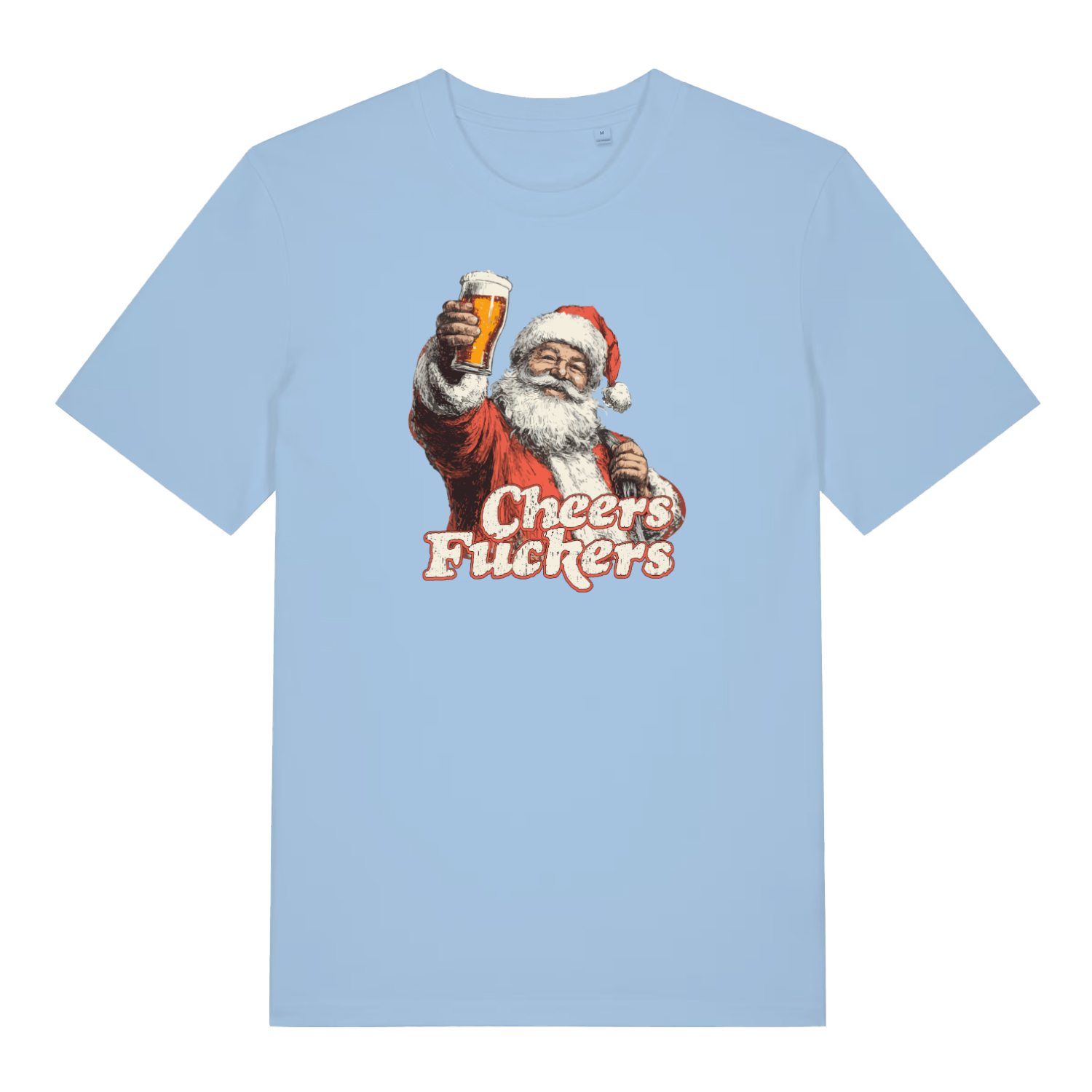 light blue christmas t-shirt with the graphic of santa with a pint of beer and the slogan 'cheers fuckers'