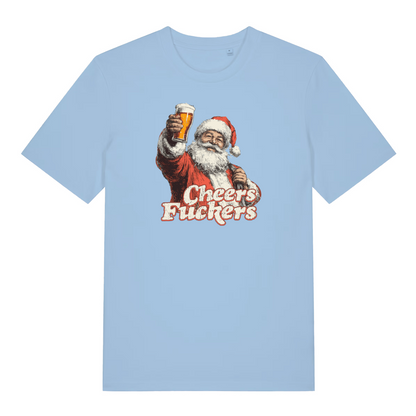 light blue christmas t-shirt with the graphic of santa with a pint of beer and the slogan 'cheers fuckers'