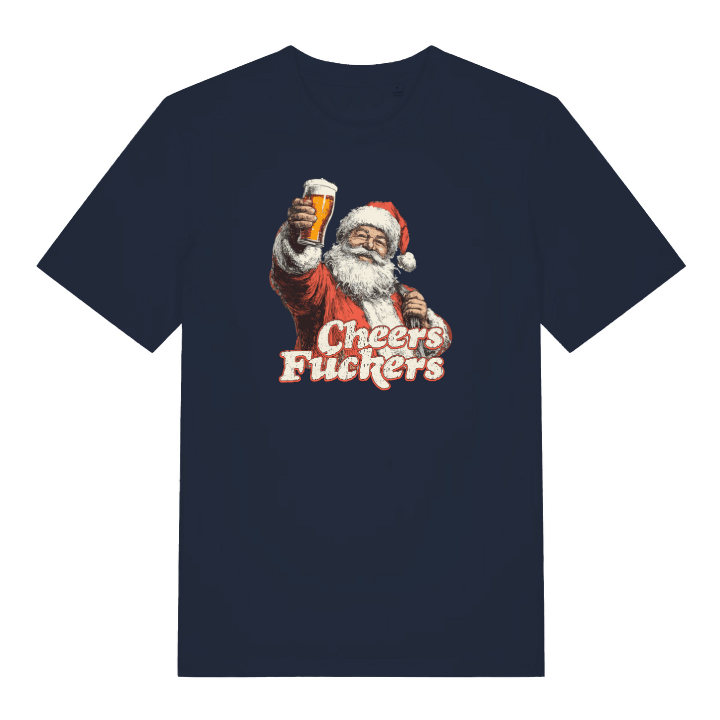 navy christmas t-shirt with the graphic of santa with a pint of beer and the slogan 'cheers fuckers'