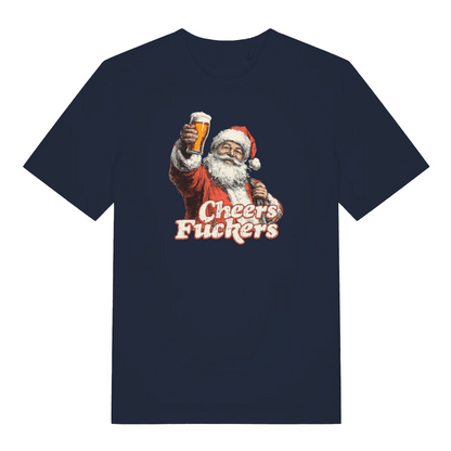 navy christmas t-shirt with the graphic of santa with a pint of beer and the slogan 'cheers fuckers'