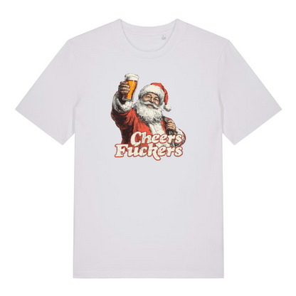 white christmas t-shirt with the graphic of santa with a pint of beer and the slogan 'cheers fuckers'