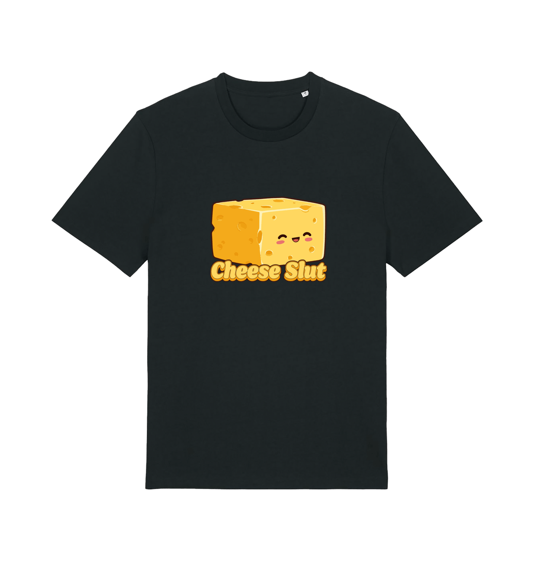 Black graphic t-shirt with a cartoon cheese block and 'Cheese Slut' text 