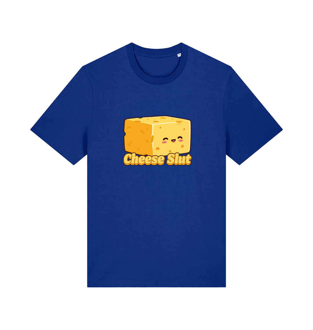 Blue graphic t-shirt with a cartoon cheese block and 'Cheese Slut' text 