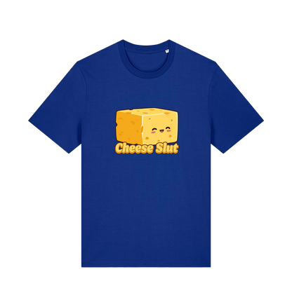 Blue graphic t-shirt with a cartoon cheese block and 'Cheese Slut' text 