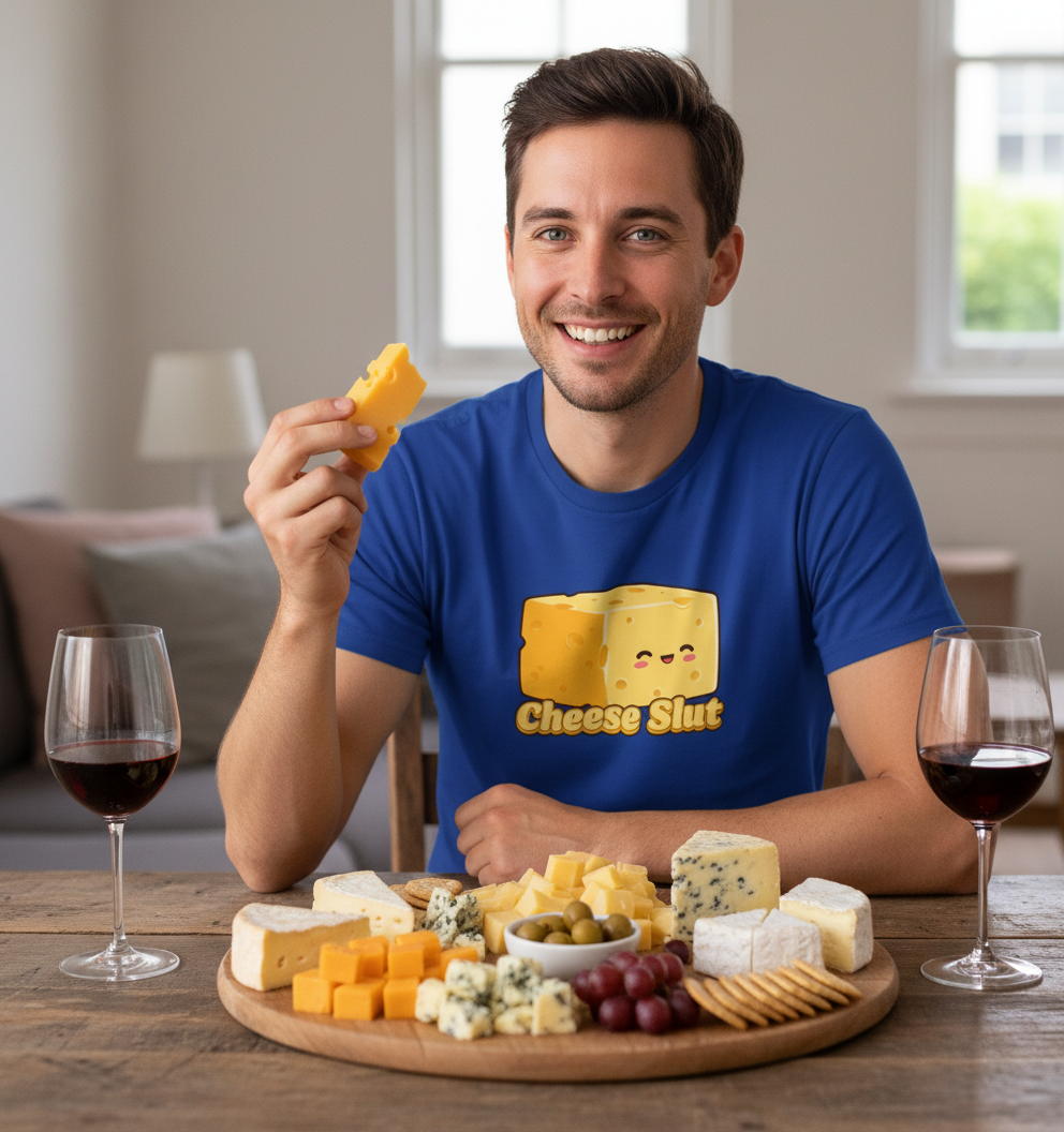 Man holding a piece of cheese with a cheese-themed t-shirt, sitting at a table with a cheese platter and wine glasses.