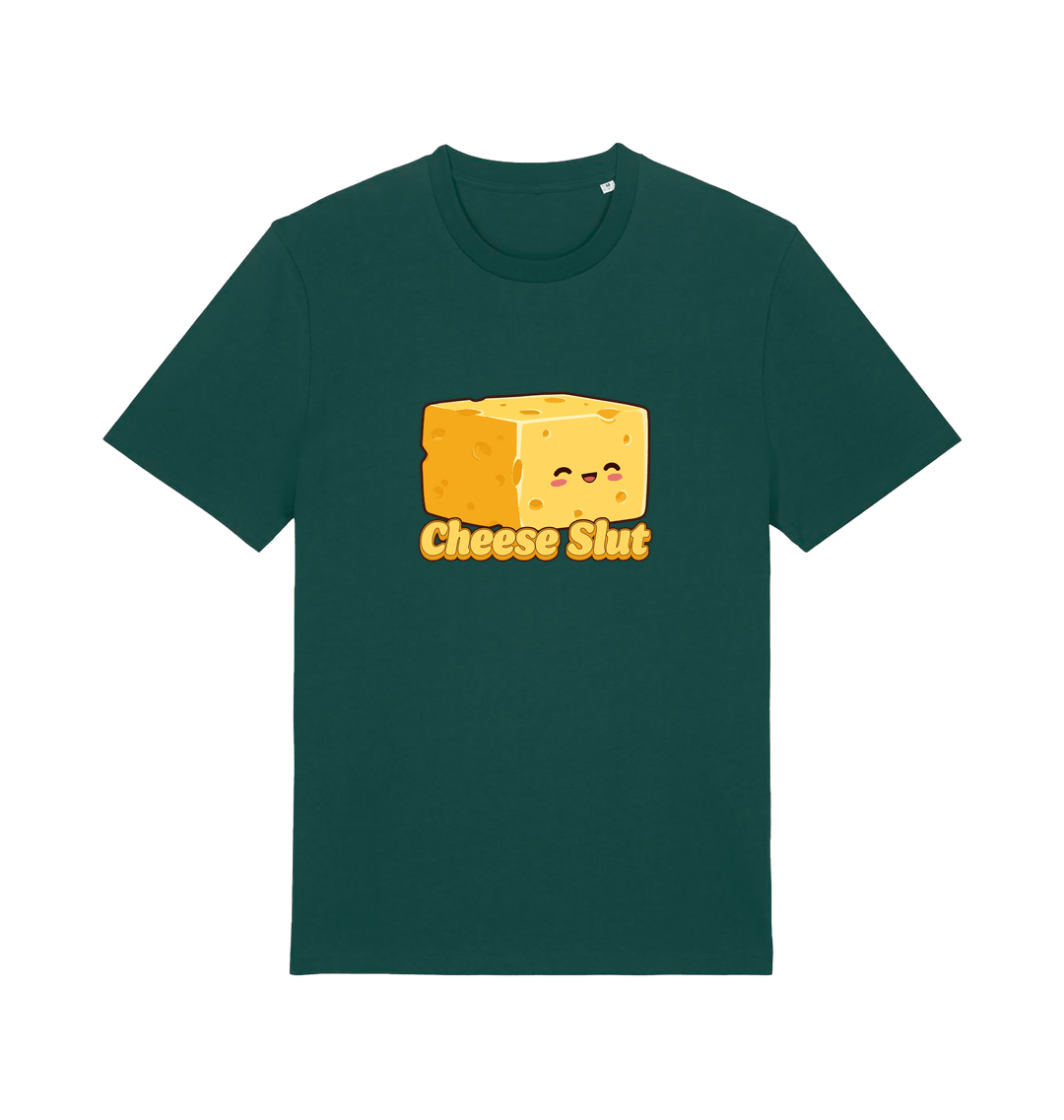 Green graphic t-shirt with a cartoon cheese design and 'Cheese Slut' text 