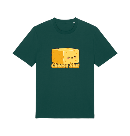 Green graphic t-shirt with a cartoon cheese design and 'Cheese Slut' text 