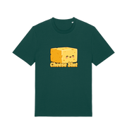 Green graphic t-shirt with a cartoon cheese design and 'Cheese Slut' text 
